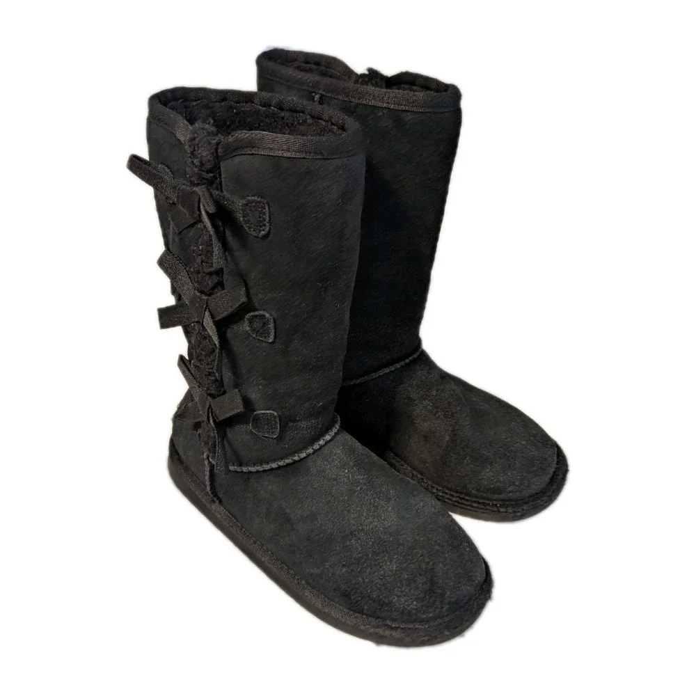 Koolaburra by UGG Girls Victoria Black Suede‎ Triple Bow Winter Boots Size 2